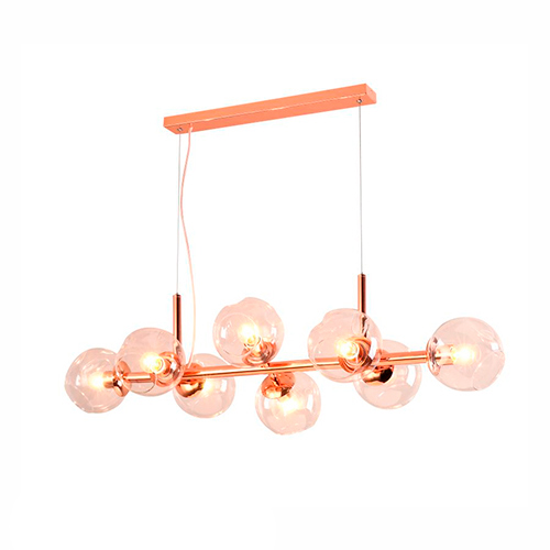 Lustre Moderno Linear Rosê com 8 Globos de Vidro Clear