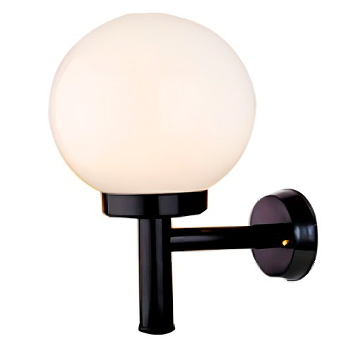 
Esta arandela externa, modelo Solarium, possui uma base de parede preta e um braço horizontal longo que sustenta um grande globo de vidro branco leitoso voltado para cima. O design é limpo e moderno, garantindo uma iluminação difusa e uniforme para áreas externas.