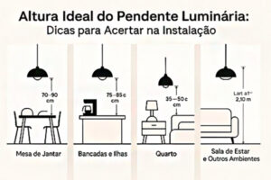 Mostra 3 mesas com pendente, lustre e conjunto pendentes para cer a altura em relação a mesa