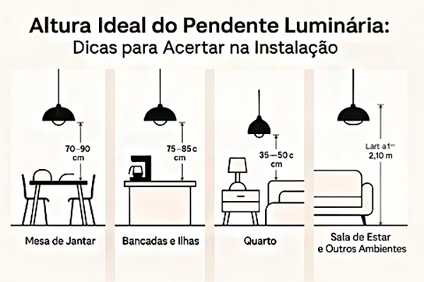 Mostra 3 mesas com pendente, lustre e conjunto pendentes para cer a altura em relação a mesa