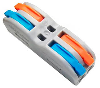Um conector de emenda de fios elétricos. É um bloco cinza pequeno e retangular, com 4 alavancas coloridas (laranja e azul) nas laterais longas. Ele é usado para unir cabos elétricos de forma segura e rápida, sem necessidade de ferramentas.