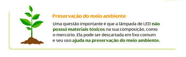 A imagem mostra um broto verde crescendo na terra ao lado de um texto sobre a "Preservação do meio ambiente". O texto diz que lâmpadas de LED não possuem materiais tóxicos como mercúrio, podem ser descartadas no lixo comum e seu uso ajuda na preservação ambiental. A imagem mostra um broto verde crescendo na terra ao lado de um texto sobre a "Preservação do meio ambiente". O texto diz que lâmpadas de LED não possuem materiais tóxicos como mercúrio, podem ser descartadas no lixo comum e seu uso ajuda na preservação ambiental.