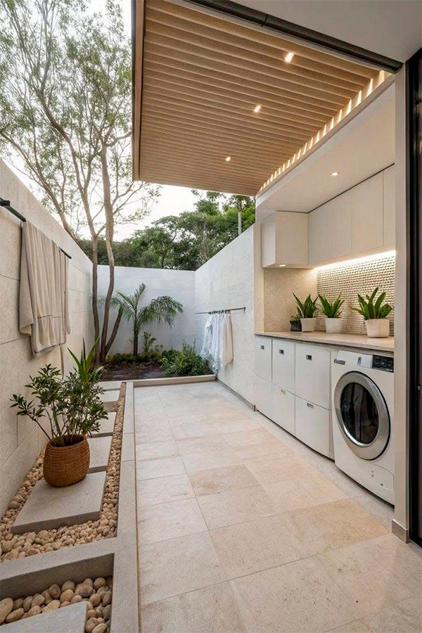 Projete uma Iluminação para Sua Lavanderia Uma lavanderia externa moderna e sofisticada. Ela tem piso claro e liso e uma bancada branca com armários superiores, onde fica uma máquina de lavar prateada e vasos de plantas. O teto é parcialmente coberto por uma estrutura de madeira. À esquerda, há uma parede de pedra clara e um pequeno jardim com seixos, lajes de concreto e vegetação, incluindo uma árvore. Roupas estão penduradas nas paredes. O ambiente é iluminado e aberto, com um ar de quintal.